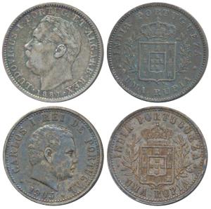 Luiz I (Ludwig), Silver Uma Rupia / Rupee, 1882; Carlos I, 1903 (KM 312 & 17). Very Fine+.