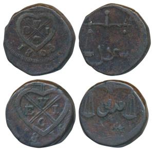 Copper Pice, 10.62g & 10.52g, obv. EIC bale mark and date 1803 & 1816 below, rev. scales w