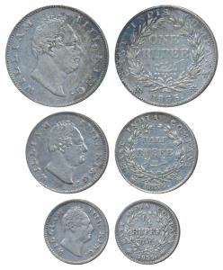William IV, set of 3, Silver Rupee, ½ and ¼, 1835, Calcutta Mint, the first two F incuse, 