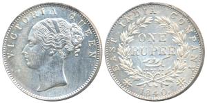 Victoria Queen, Silver Rupee, 1840, continuous legend, Calcutta Mint, Indian Head, 35 Berr