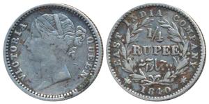 Victoria Queen, Silver ¼ Rupee, 1840, divided legend, Calcutta / Bombay Mint, obv. WW rais