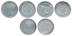 Victoria Queen, Silver Rupee (3), 1840, continuous and divided legend; 1862. Very Fine to 
