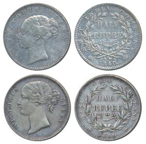 Victoria Queen, Silver ½ Rupee (2), 1840, continuous legend; divided legend, Calcutta / Bo