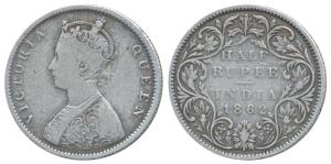 Victoria Queen, Silver ½ Rupee, 1862, Bombay Mint, B1 / II, Round pearls in the crown, (Pr