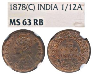 Victoria Empress, Copper 1/12 Anna, 1878, Calcutta Mint, (Prid 787). Graded by NGC MS63RB.