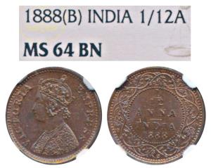 Victoria Empress, Copper 1/12 Anna, 1888, Bombay Mint, (Prid 815). Graded by NGC MS64BN.