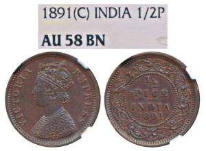 Victoria Empress, Copper ½ Pice, 1891, Calcutta Mint (Prid 796). Graded by NGC AU58BN.