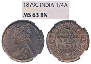 Victoria Empress, Copper ¼ Anna, 1879, Calcutta Mint, C below date on centre bead, (Prid 6