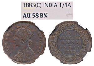 Victoria Empress, Copper ¼ Anna, 1883, Calcutta Mint, C not visible, Rev II, (Prid 616). G