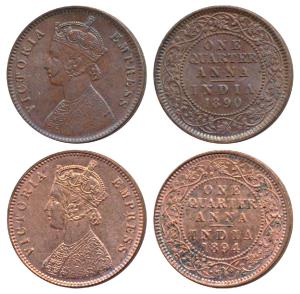 Victoria Empress, Copper ¼ Anna (2), 1890, Calcutta Mint (Prid 623); 1894, Calcutta Mint (