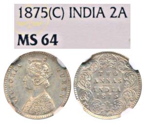Victoria Empress, Silver 2 Annas, 1875, Calcutta Mint, A / I / No mint mark (Prid 489). Gr