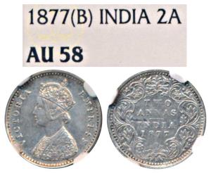 Victoria Empress, Silver 2 Annas, 1877, Bombay Mint, A / I / dot, (Prid 520). Graded by NG