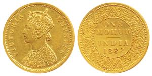 Victoria Empress, Gold Mohur, 11.63g. 1882, Calcutta Mint, obv. two flowers in bottom pane
