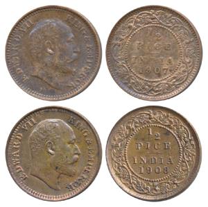 Edward VII, Copper ½ Pice, 1907 & 1908 (Prid 741 & 742). Uncirculated and About Uncirculat