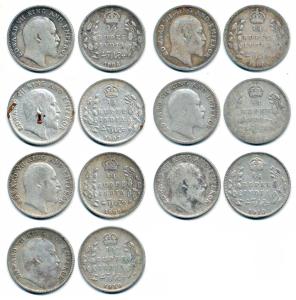 Edward VII, Silver ¼ Rupee, 1906 (3), 1907, 1908, 1910 (2), Bombay and Calcutta Mint. Fine