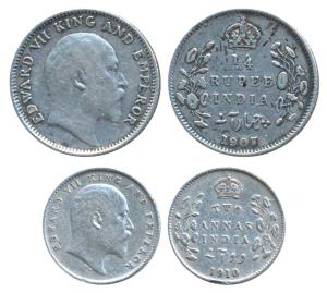 Edward VII, Silver ¼ Rupee and 2 Annas, 1907 and 1910. Very Fine. (2)