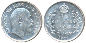 Edward VII, Silver ¼ Rupee, 1907, Calcutta Mint (Prid 436). Brilliant Uncirculated.