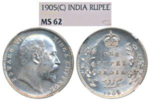 Edward VII, Silver Rupee, 1905, Calcutta Mint (Prid 191). Graded by NGC MS62.