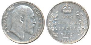Edward VII, Silver Rupee, 1909, Bombay Mint, dot on the vine and 9 over 8 in date, old use