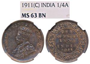 George V, Copper ¼ Anna, 1911, Calcutta Mint (Prid 656). Graded by NGC MS63BN, Rare.