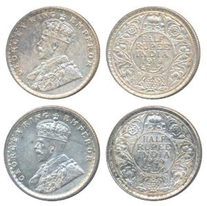 George V, Silver ½ Rupee, 1918, Bombay Mint (Prid 342); 1929, Calcutta Mint (Prid 331). Un