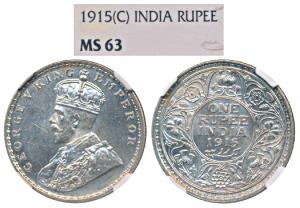 George V, Silver Rupee, 1915, Calcutta Mint (Prid 211). Graded by NGC MS63.
