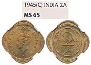 George VI, Nickel Brass 2 Annas, 1945, Calcutta Mint, (Prid 909). Graded by NGS MS65, NGC 