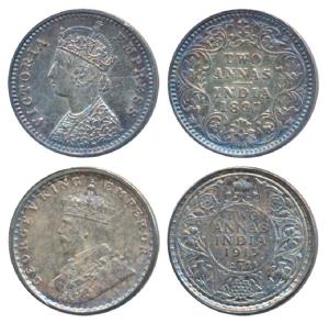 Victoria Empress, Silver 2 Annas, 1897, Bombay Mint, (Prid 551); George V, Silver 2 Annas,