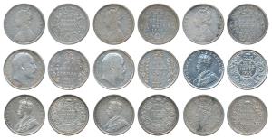 Victoria Empress, Silver Rupee (3), 1879, 1888 & 1889; Edward, Silver Rupee (2), 1906; Geo