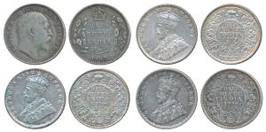 Edward, Silver ½ Rupee, 1905, Calcutta Mint; George V, Silver ½ Rupee (3), 1919, Bombay Mi