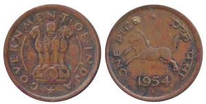 Copper Pice, Hyderabad Mint, 1954 split diamond as mint mark (KM 1.4). Very Fine+.