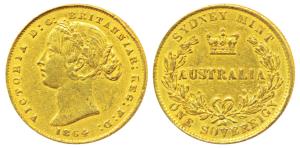 Australia, Victoria, Gold Sovereign, 8g, 1864, Laureate head, Sydney Mint, (KM 4). Very Fi