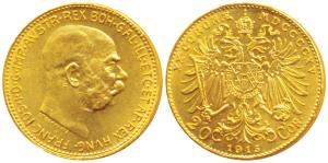 Austria, Franz Joseph I, Gold 20 Corona, 6.77g, 1915 (KM 2818). Uncirculated.