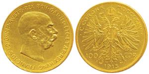 Austria, Gold 100 Corona, 33.87g, 1915, obv. bust of Franz Joseph I (KM 2819). Uncirculate