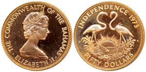 Bahamas, Elizabeth II, Gold $50, 15.74g, .5 fine, 1973, rev. the national Bird of the coun