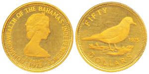 Bahamas, Elizabeth II, Gold $50, 2.73g, 1975, rev. Tobacco Dove. Ultra Cameo, Proof.