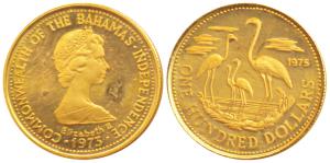 Bahamas, Elizabeth II, Gold $100, 5.46g, 1975, rev. the national Bird of the country, Flam