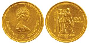 Canada, Elizabeth II, Gold $100, 13.34g, 0.58 fine, 1976, Montreal Olympics, rev. past and
