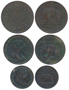 Ceylon, Copper 1/48 Rixdollar, 1802; 1 Stuiver and ½, 1815, obv. bust of George III to rig