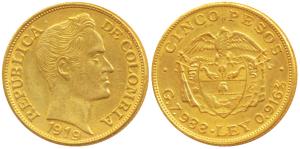 Colombia, Simon Bolivar, Gold 5 Pesos, 7.96g, obv. bust of the ruler to right, with date 1