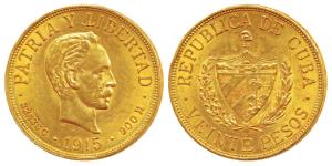 Cuba, Joss Marti, Gold 20 Pesos, 33.43g, 1915, rev. coat of arms (KM 21). Extremely Fine, 