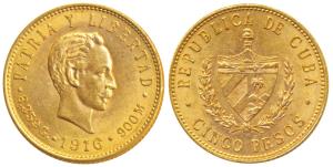 Cuba, Joss Marti, Gold 5 Pesos, 8.35g, 1916, rev. coat of arms (KM 19). Extremely Fine, Ve