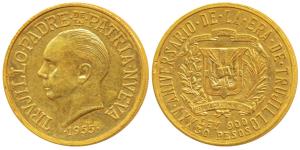 Dominican Republic, Gold 30 Pesos, 29.62g, obv. bust of Trujillo, rev. Coat of Arms, 25th 