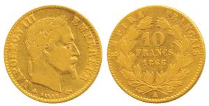 France, Napoleon III, Gold 10 Francs, 3.15g, 1866 A, Paris Mint (KM 800.1). Very Fine.