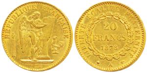 France, Gold 20 Francs, 6.43g, 1878A, obv. standing winged Genius writing the constitution