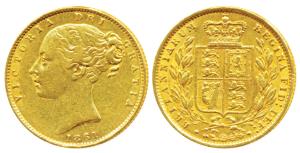 Great Britain, Victoria, Gold Sovereign, 8g, 1861, Young head, Shield on rev. (KM 736.1). 