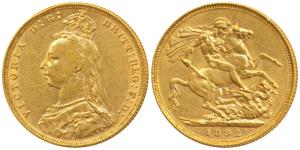 Great Britain, Victoria, Gold Sovereign, 8g, 1892, Jubilee head, rev. St. George slaying a