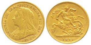 Great Britain, Victoria, Gold ½ Sovereign, 4g, 1897, veiled head, rev. St. George slaying 