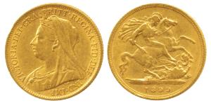 Great Britain, Victoria Queen, Gold ½ Sovereign, 4g, 1899, veiled head, (KM 784). Extremel