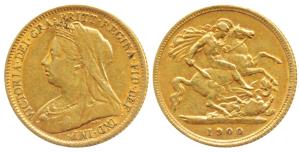 Great Britain, Victoria, Gold ½ Sovereign, 4g, 1900, veiled head, rev. St. George slaying 